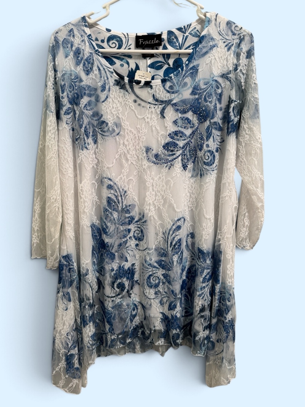 Frazzle Women's White Lace Tunic with Blue Floral Print